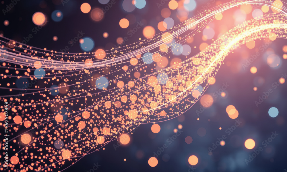 Poster vibrant abstract background featuring glowing particles and flowing lines, creating sense of movemen