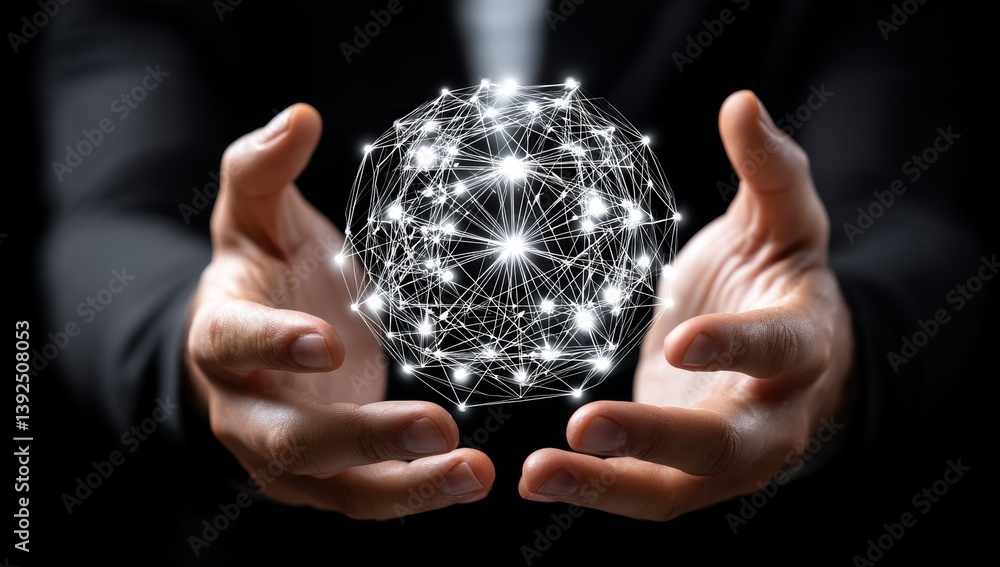 Poster an entrepreneur's hand grasps symbols of algorithm development, surrounded by robust network connect