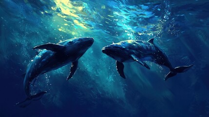 Naklejka premium Majestic Humpback Whales Swimming Gracefully in Crystal Clear Ocean Waters, Capturing the Serenity and Beauty of Marine Life in Vibrant Blue Tones with Dynamic Light Reflections