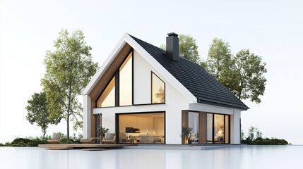 Modern house with simple lines and gable roof, surrounded by trees