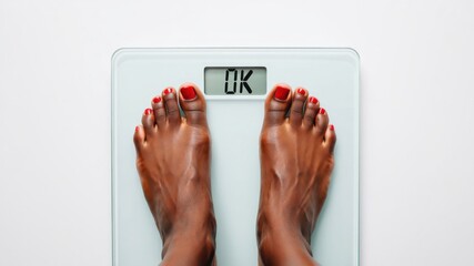 Woman standing on digital bathroom scale with OK message on display indoors, weight control, fitness and health concept, healthy lifestyle, self care and body positivity