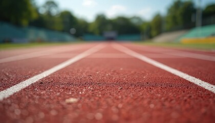 Athletic track with white lines leading towards blurred stadium. Red running track surface dedication sport. Represents competition training, exercise, performance, challenge. Represents fitness,