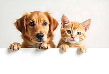 Fototapeta premium Generative AI image of a cute dog and a cat peeking over a white banner
