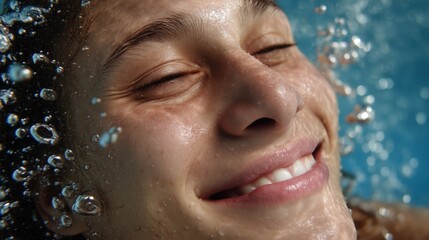 Fototapeta premium A smiling face glows underwater, dappled with sunlight and drifting bubbles all around.