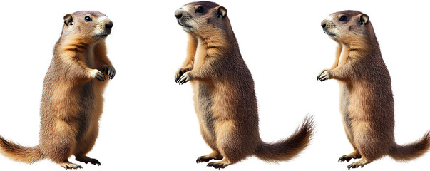 Set of three groundhogs standing on their hind legs, isolated on a transparent background png