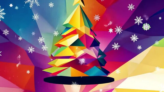 Polygonal christmas tree rotating on colorful low poly background with slowly falling snowflakes