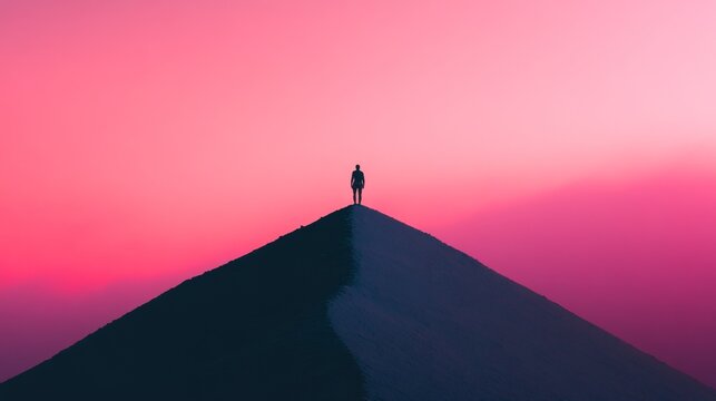 A lone figure stands atop a dramatic mountain peak under a breathtaking pastel sky. This image captures the essence of solitude and exploration. Generative AI