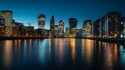 Stunning city skyline at night capturing the essence of urban life. Reflections shimmer on the water. Experience the beauty of architecture. Generative AI