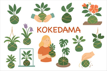 Kokedama plants with human hands and home decor setups.