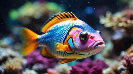 A vibrant, colorful fish with pink and yellow scales swims amidst coral reef.