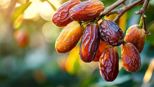 Harvest of ripe dates on a branch in the garden, agribusiness concept, organic healthy food and non-GMO fruits with space for text
