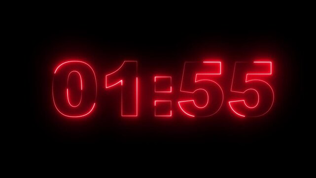 Neon Two Minute Digital Timer. 2 Minute Digital Negative Countdown. seconds on transparent background 120 second countdown timer, Countdown video with alpha channel.