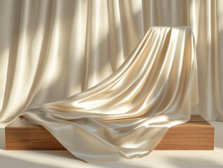 Elegant Satin Fabric Draped Over Wooden Base in Soft Lighting