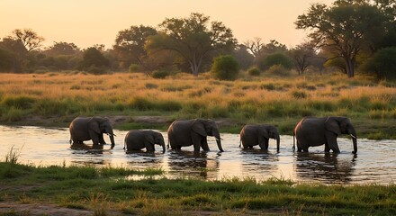Obraz premium Golden Hour Crossing: A Family of Elephants at Dusk AI Generated