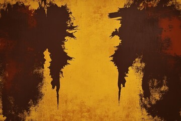 An abstract artwork featuring a textured yellow background with dark brown splatters and shapes, creating a striking visual contrast.