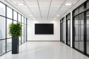  Modern Empty Office Corridor with Large Windows and Black Screen