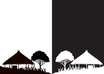 Silhouette Day and Night with Hut and Tree Background