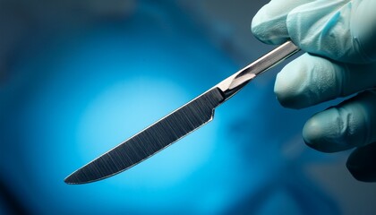 A close-up of a focused doctor holding a scalpel, ready for surgery, with sready hands, intense concentration, and sterile environment of the operating room  