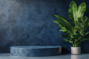Modern Indoor Plant Arrangement with Blue Wall and Round Pedestal