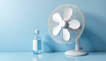Cooling fan and water bottle against a blue background  