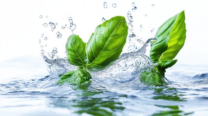 A lively splash of water with fresh, deep green basil leaves submerged and rising from the surface. 