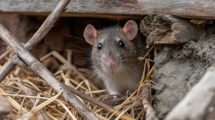 With bright eyes and twitching whiskers, the curious rat peeks from its hole, framed by straw and aged wood.

