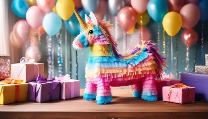 colorful unicorn pinata and presents at the birthday party