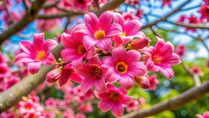 Obraz premium Pink Brachychiton flower in full bloom on a tree branch, brachychiton, garden, brachychiton, garden