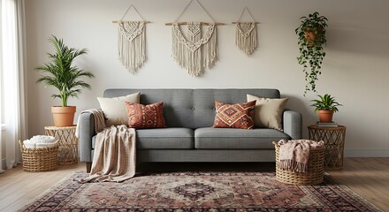 Tranquil Living Room: A 3D Render of Serene Interior Design AI Generated