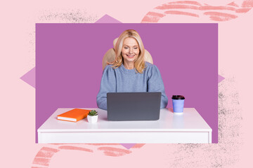 Contemporary artwork collage of happy old businesswoman sit workplace type laptop notepad coffee...