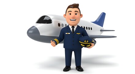 Cartoon Pilot Smiling with Airplane Model on White Background for Aviation