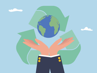 Earth day vector Illustration save the Planet. Concept Environment protection, sustainability, Ecology problem. Hand hold globe with reduce reuse recycle icon flat design.