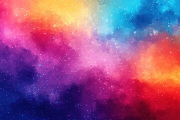 A vibrant abstract watercolor painting featuring a blend of colors, resembling a cosmic scene with swirling hues and speckles reminiscent of stars.