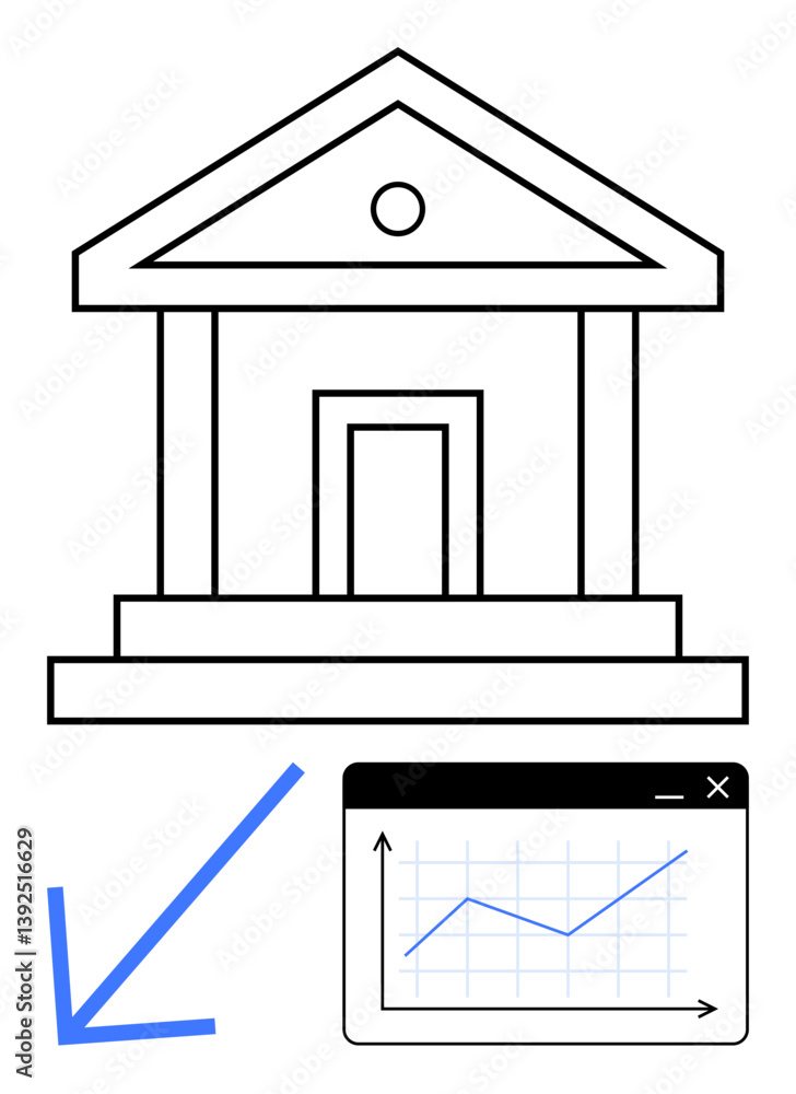 Poster bank building outline with a blue downward arrow pointing towards a window displaying an upward fina