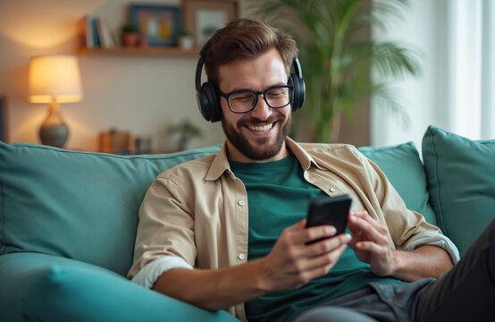 Smiling man wearing headphones enjoys music in smartphone app. Happy guy relaxes using phone while listening favorite songs at home. Male resting on couch, using tech gadget.