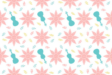 Beautiful violin seamless pattern.Viola,cello drawing music concept repeating texture background.Colorful flower hand drawn.Summer and spring tropical nature illustration.Classical musical instrument.