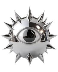 Spiky silver 3D eyeball with central eye, crafted in bold cyber style blending y2k and sci-fi horror vibes.