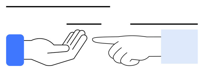 Open palm with extended blue sleeve facing a pointing hand suggests action and reaction, responsibility, or blame themes. Ideal for communication, business, teamwork, collaboration, guidance, social