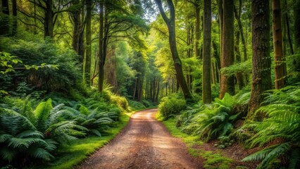 Fototapeta premium A winding dirt path surrounded by tall trees with leafy branches and ferns, leading into a dense thicket of greenery, winding path, tree lined road