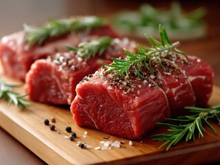 Fototapeta premium Fresh cuts of marbled beef seasoned with herbs on a wooden cutting board ready for grilling
