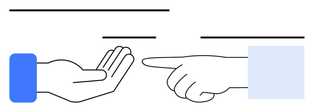 Open palm with extended blue sleeve facing a pointing hand suggests action and reaction, responsibility, or blame themes. Ideal for communication, business, teamwork, collaboration, guidance, social