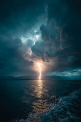Fork lightning illuminates a dramatic, turbulent cloudscape above a dark ocean - background design abstract
