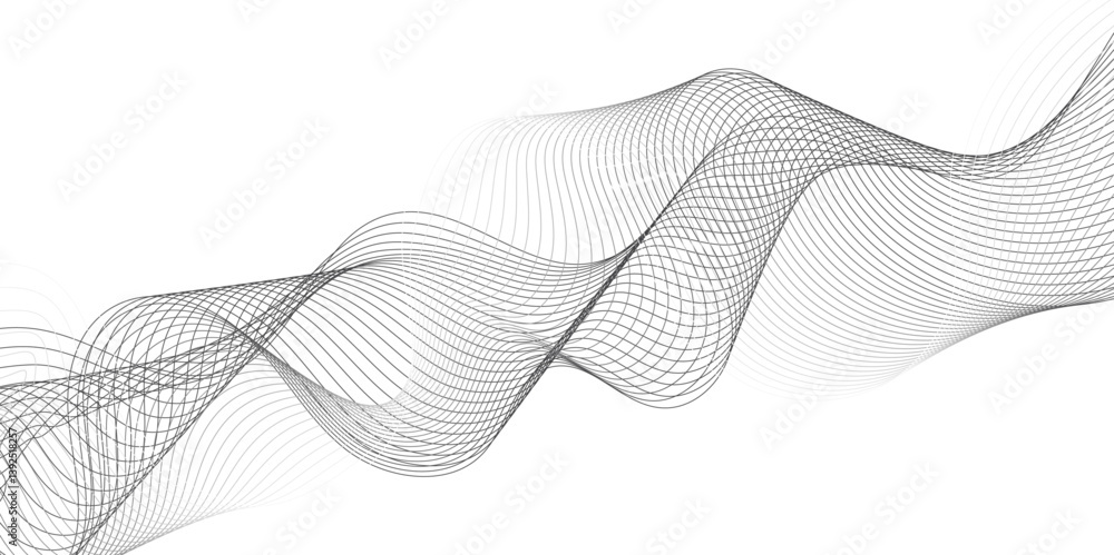 Poster Abstract grey, white smooth element swoosh speed wave modern stream background. Wave with lines created using blend tool. Abstract frequency sound wave lines and twisted curve lines background.	