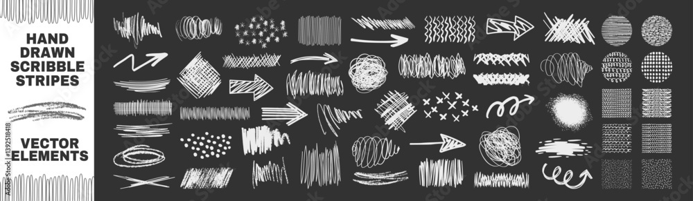 Poster vector set of grungy graphic elements. brush hand drawn scribbles underlines, circles set collection