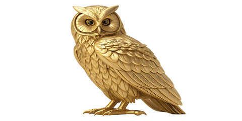 Golden Owl Statue: A detailed studio shot of a golden owl statue. It represents wisdom, knowledge, and a symbol of observation and insight.