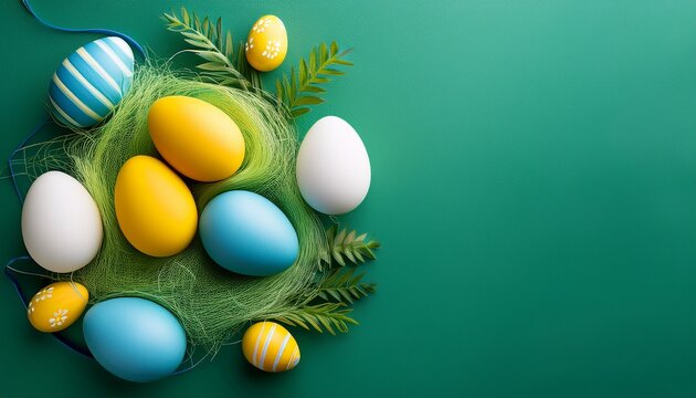 blue yellow white colorful eggs on green empty space background ester holiday background blank