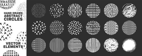Set of round abstract black backgrounds or patterns. Hand drawn doodle shapes. Use for posters, greeting and business cards, banners, labels, badges and other graphic designs.