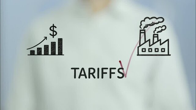 Businessman drawing a check mark from increased tariffs to decreased industrial production, symbolizing tariffs negative impact on industry