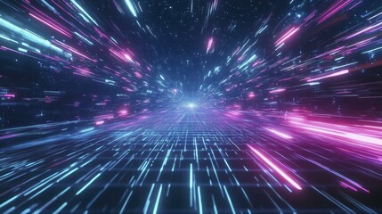 Naklejka premium Neon Light Tunnel Perspective View with Blue and Pink Glowing Streams