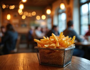 Crispy fries in rustic metal basket on wooden table at restaurant. Cozy atmosphere with warm lighting. Fast food snack. Friends, family gathering, leisure. Tasty fried potatoes for eat-in.
